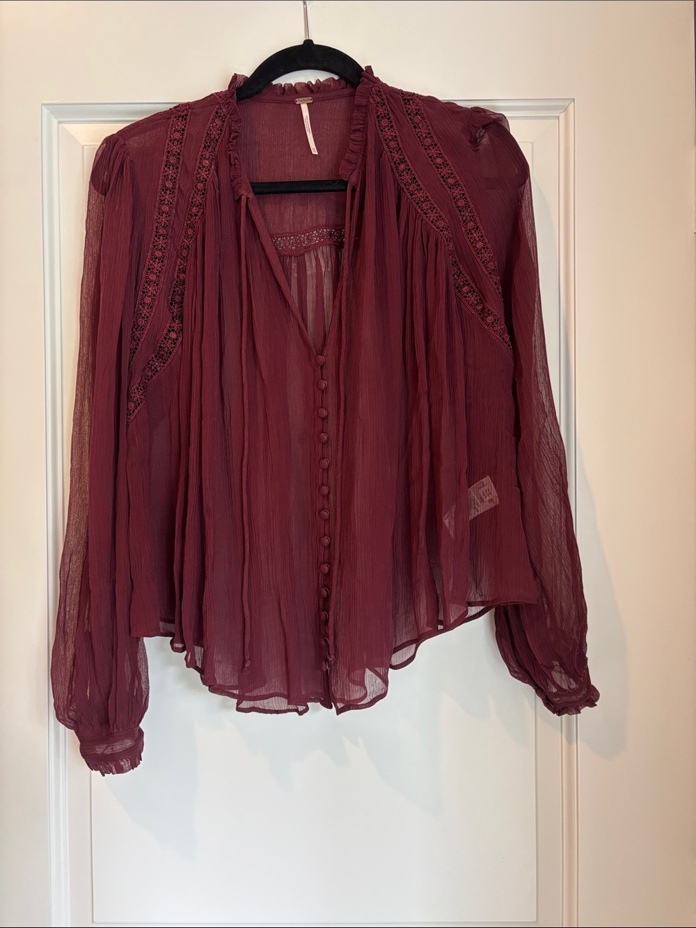Free People Sheer Wine Button-Down Blouse, Size XS